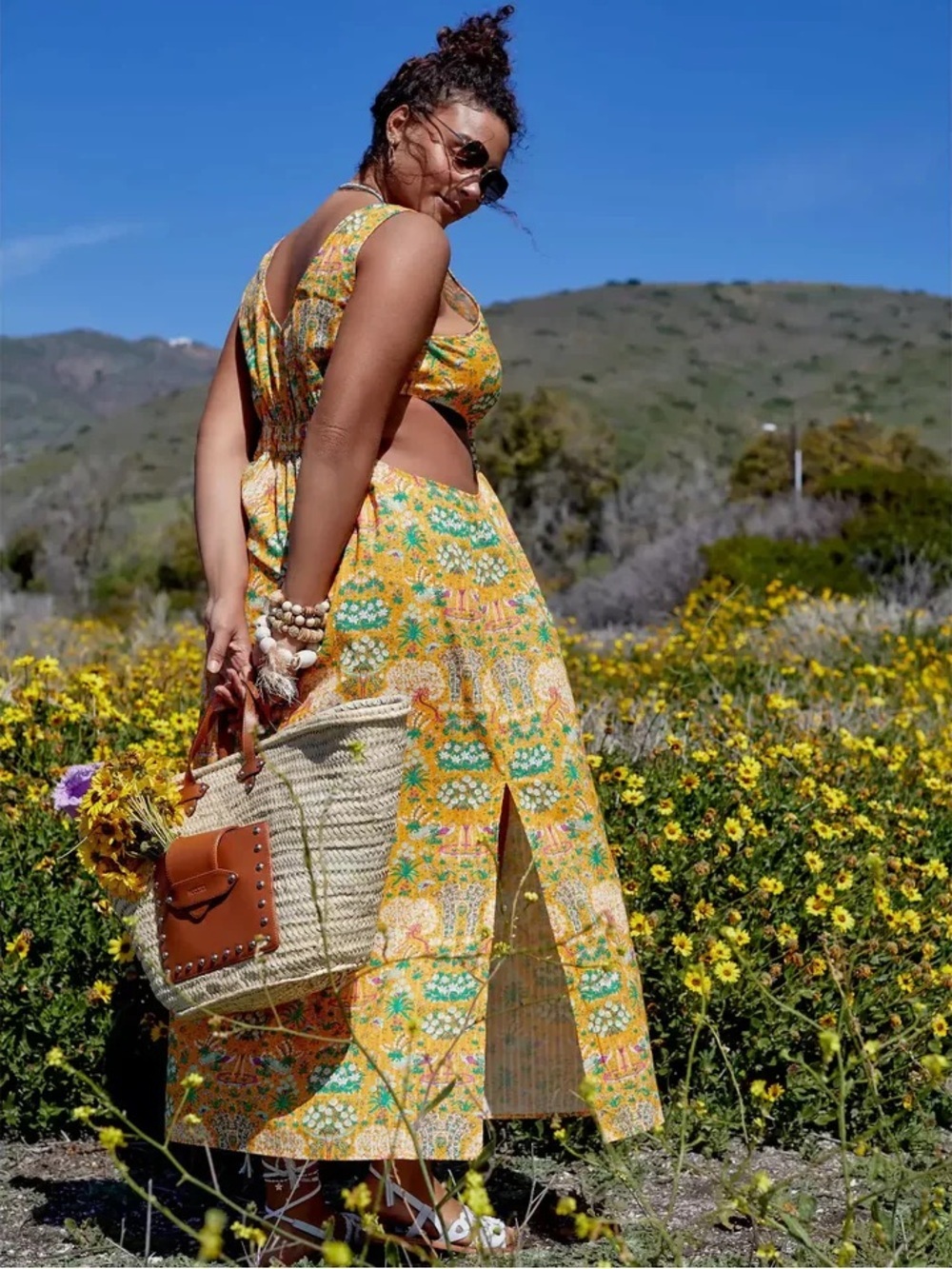 Maeve Anthropologie Marie Column Cut Out Maxi Dress Sun Yellow Floral Small NEW